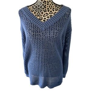 Talbots Blouse XL Crochet Knit 100% Cotton Blue Long Sleeve 44” Bust